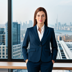 **

A professional businesswoman in a modest business suit, standing in a modern office with large windows overlooking a cityscape, fully clothed, appropriate attire, safe for work, perfect anatomy, natural proportions, professional photography, high quality.

**
