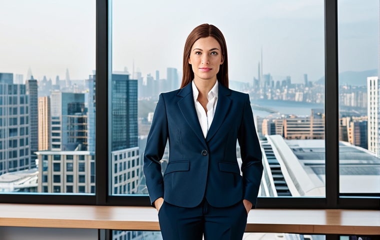 **

A professional businesswoman in a modest business suit, standing in a modern office with large windows overlooking a cityscape, fully clothed, appropriate attire, safe for work, perfect anatomy, natural proportions, professional photography, high quality.

**