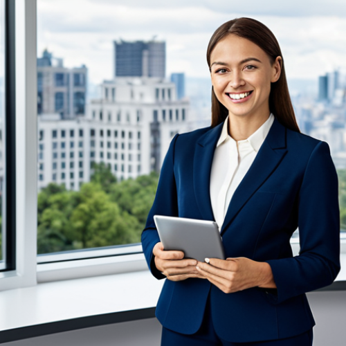 퍼즐오브Z 공식 사이트 활용법 - Modern Office Portrait**

"A professional businesswoman in a tailored, navy blue pantsuit, standing ...