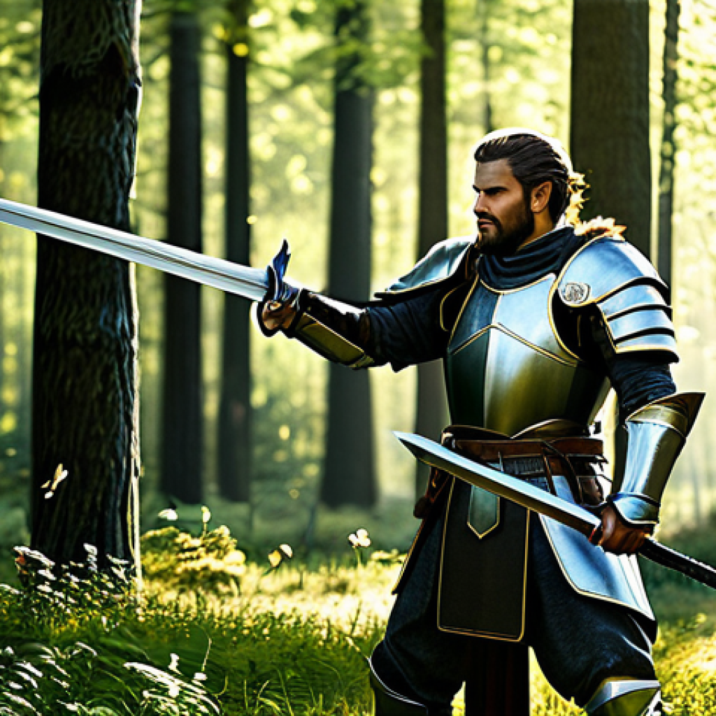 퍼즐오브Z 직업별 특성 - Swordsman**
A professional male swordsman in full, modest plate armor, wielding a gleaming sword in...