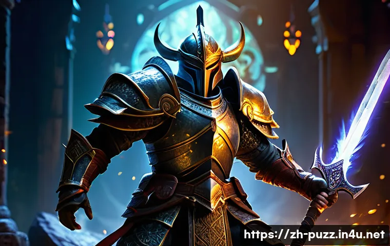 퍼즐오브Z 상점 아이템 추천 - A dynamic fantasy RPG scene featuring a brave warrior character in detailed armor, holding a glowing...