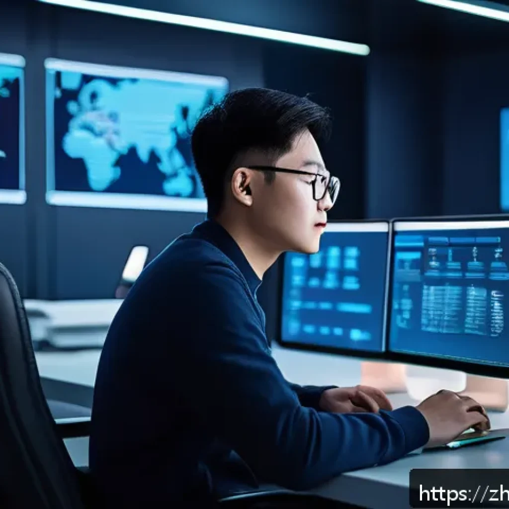 퍼즐오브Z 계정 복구 방법 - A modern digital security control room with multiple large monitors displaying email inboxes, SMS ve...