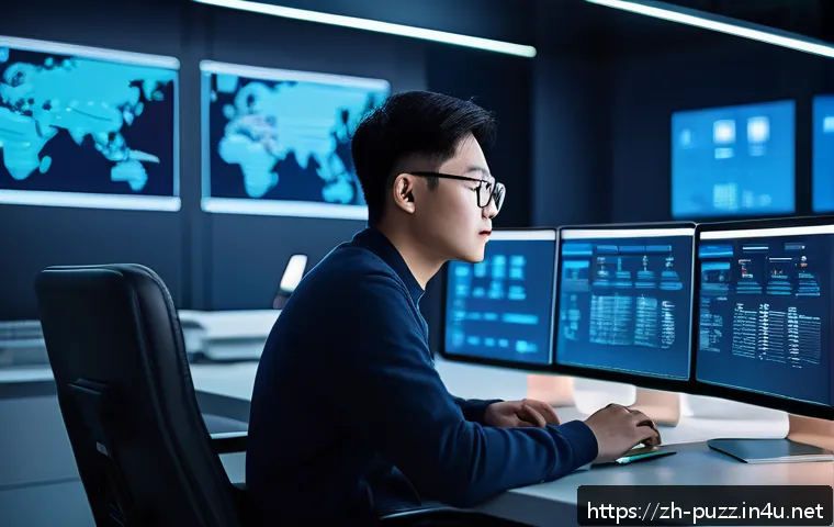 퍼즐오브Z 계정 복구 방법 - A modern digital security control room with multiple large monitors displaying email inboxes, SMS ve...