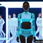 퍼즐오브Z 패션 쇼케이스 - A futuristic fashion runway scene featuring models wearing smart garments made from intelligent fabr...