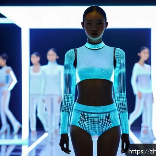 퍼즐오브Z 패션 쇼케이스 - A futuristic fashion runway scene featuring models wearing smart garments made from intelligent fabr...