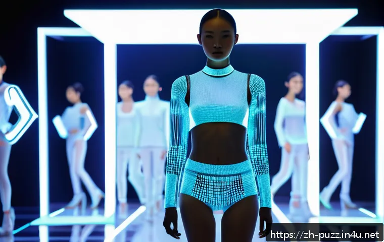 퍼즐오브Z 패션 쇼케이스 - A futuristic fashion runway scene featuring models wearing smart garments made from intelligent fabr...