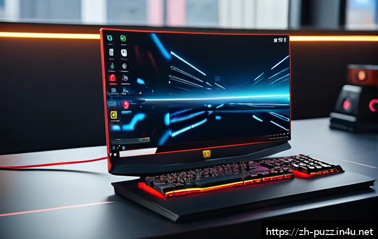 퍼즐오브Z 필수 게임 설정 - A detailed gaming setup scene showcasing a modern laptop on a sleek desk with the screen displaying ...