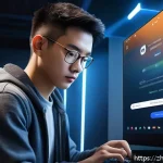 퍼즐오브Z 보안 설정 팁 - A detailed digital illustration of a young adult gamer securely logging into an online game using tw...