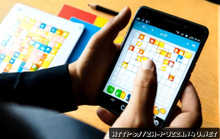 퍼즐오브Z 초보자를 위한 게임 팁 - Photorealistic over-the-shoulder view of an adult beginner using a smartphone with a colorful match-...