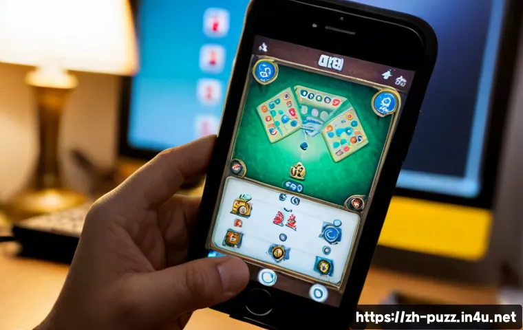 퍼즐오브Z 강화 실패 복구 방법 - Photorealistic close-up of a concerned adult gamer at a tidy home desk, holding a smartphone with a ...