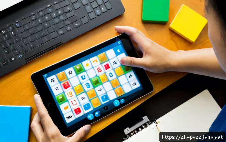퍼즐오브Z 팁과 트릭 공유 - Photorealistic overhead view of a focused adult gamer using a tablet with a colorful text-free match...